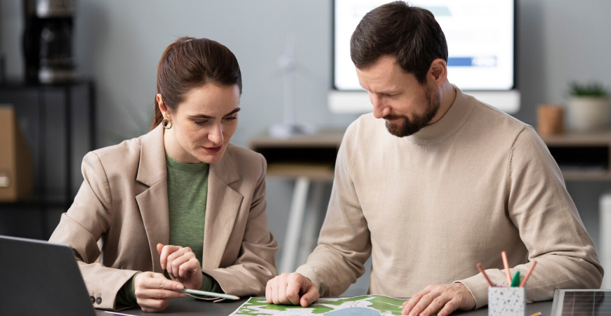 Profissionais discutindo estratégias de contabilidade e sustentabilidade para empresas